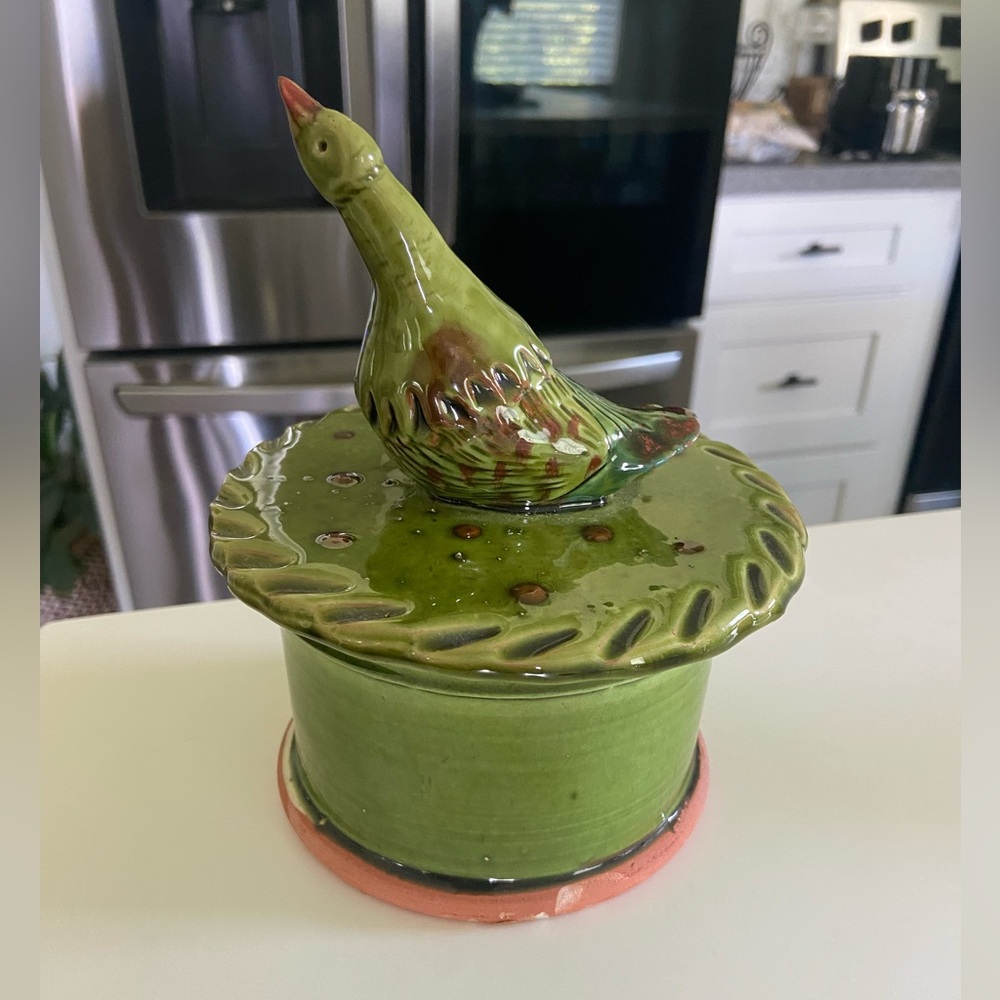 Vintage Green Ceramic Handmade Bird Accent Box
